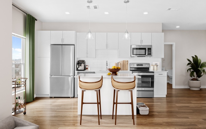 Kitchen with island and bar cart