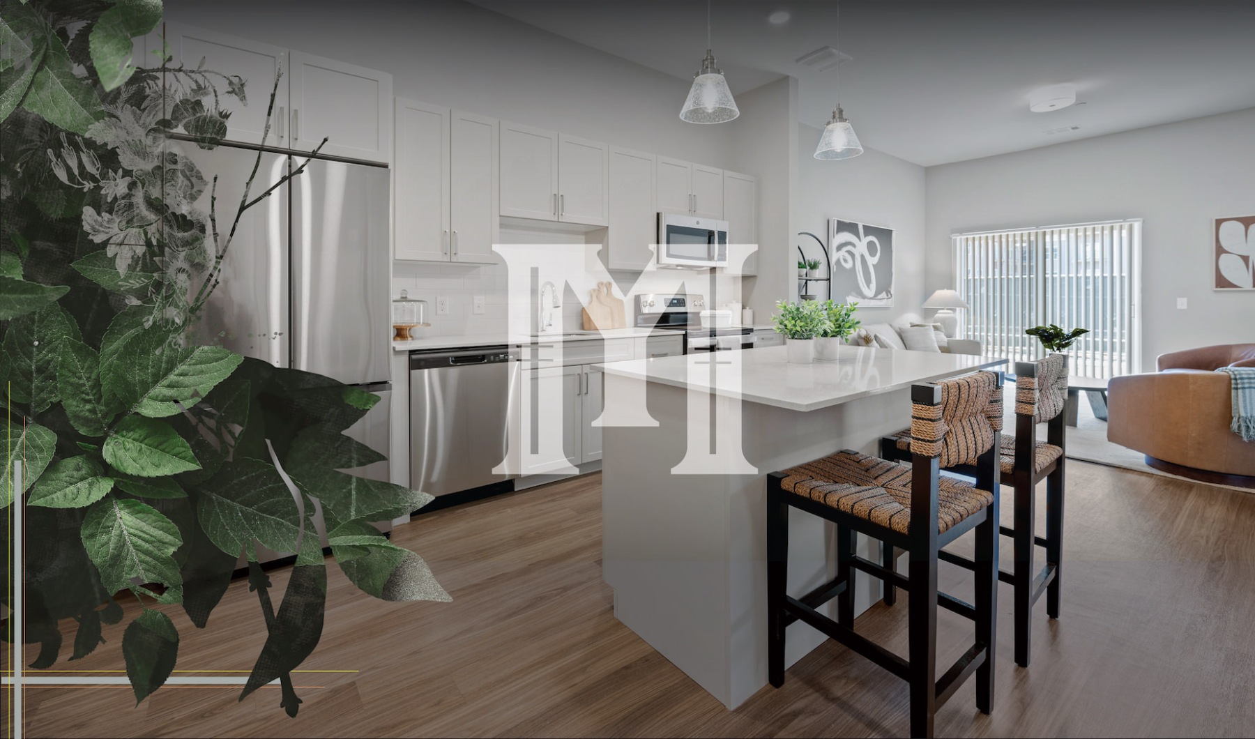 Kitchen with white cabinetry, a large kitchen island, white quartz countertops and bar stools